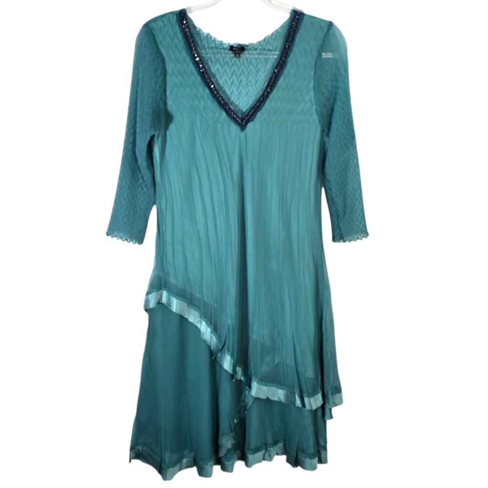Komarov Hand Pleated Aqua Blue Teal Asymmetric Tiered Midi Dress Beaded Neckline